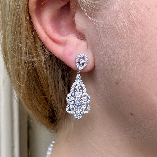 Silver CZ Intricate Drop Earrings - John Ross Jewellers