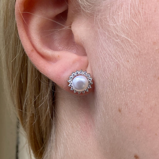 Silver CZ Halo Freshwater Pearl Stud Earrings - John Ross Jewellers