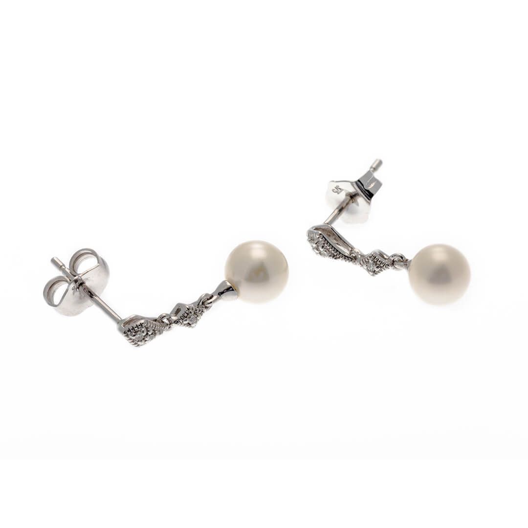 9ct White Gold Fresh Water Pearl & Diamond Drop Earrings - John Ross Jewellers