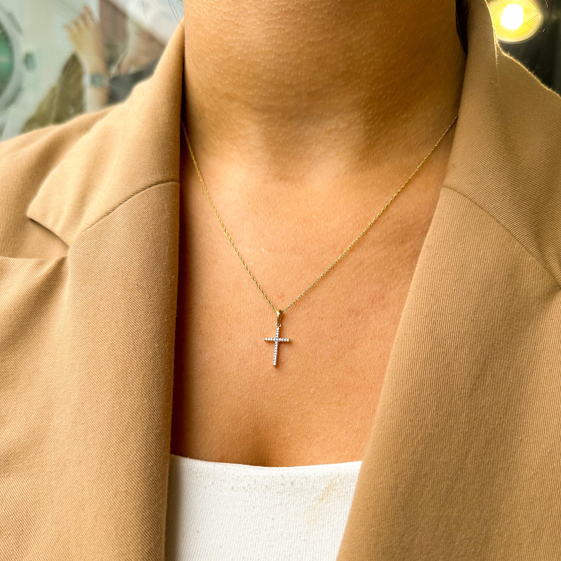 Yellow Gold Chain Small Cross Diamond Necklace Little Cross