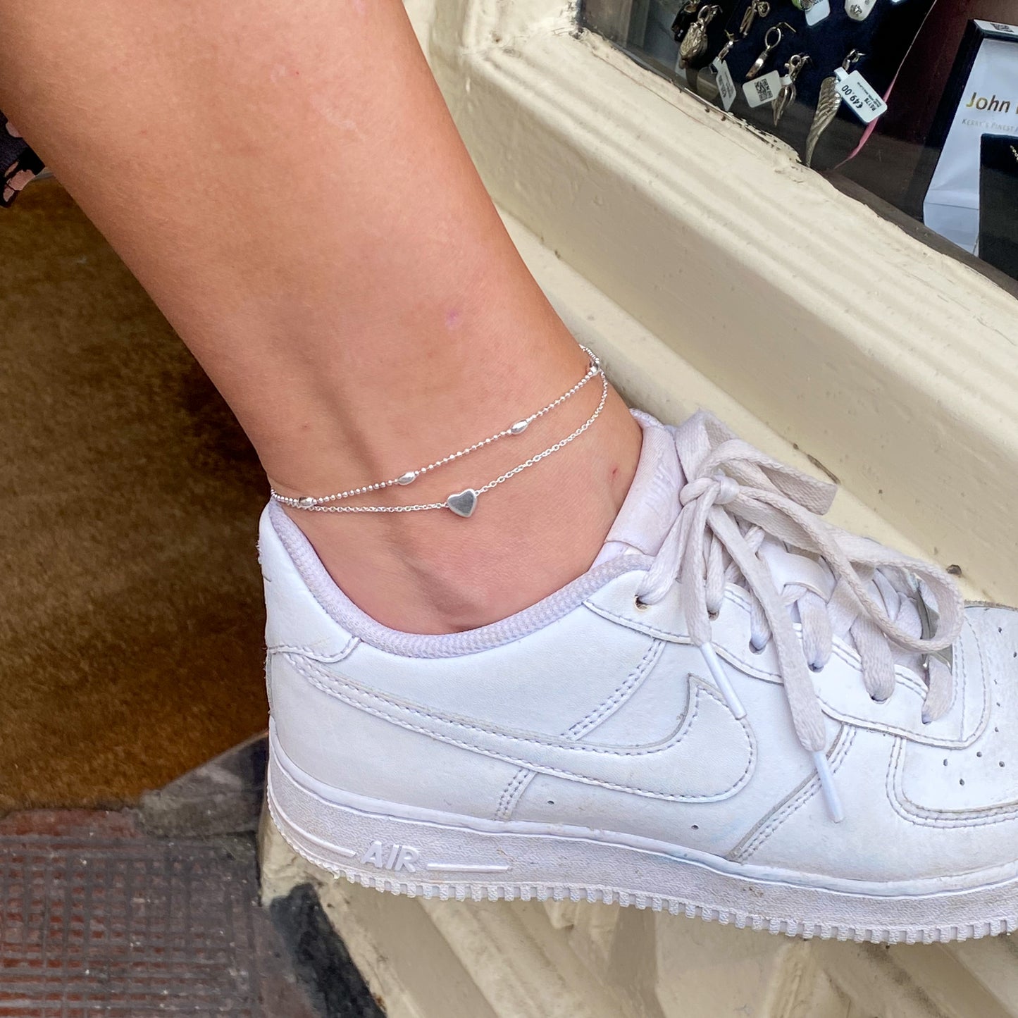 Silver Anklet - Beaded & Heart Slider - John Ross Jewellers