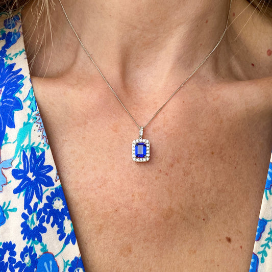 Silver Emerald Cut CZ Halo Necklace | Sapphire Blue - John Ross Jewellers