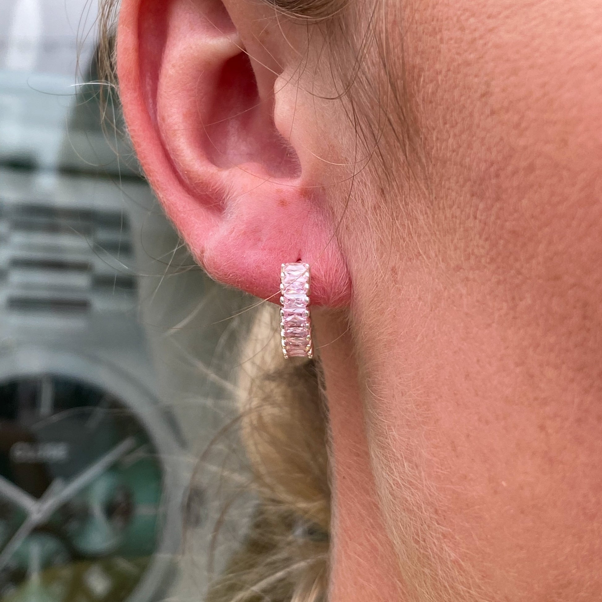 Silver Pink CZ Baguette Huggie Hoop Earrings - John Ross Jewellers