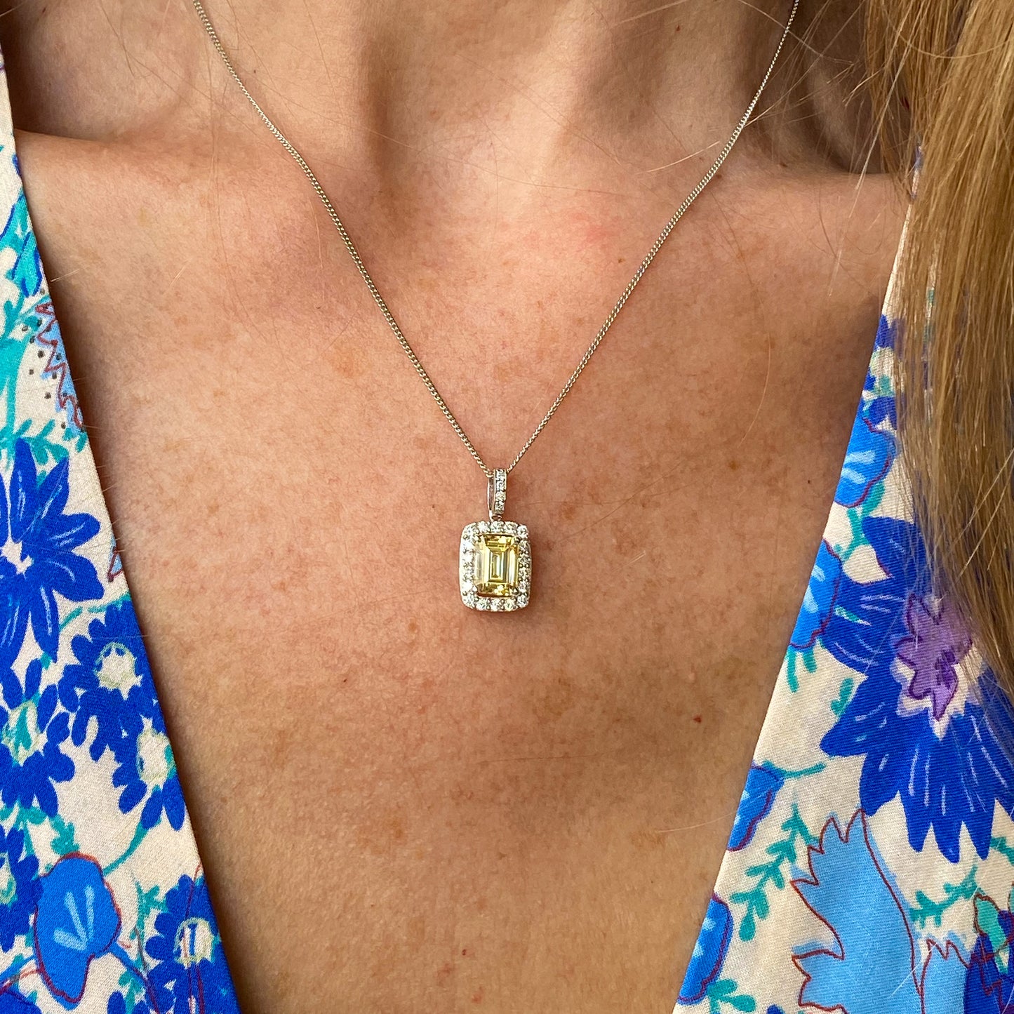 Silver Emerald Cut CZ Halo Necklace | Canary Yellow - John Ross Jewellers