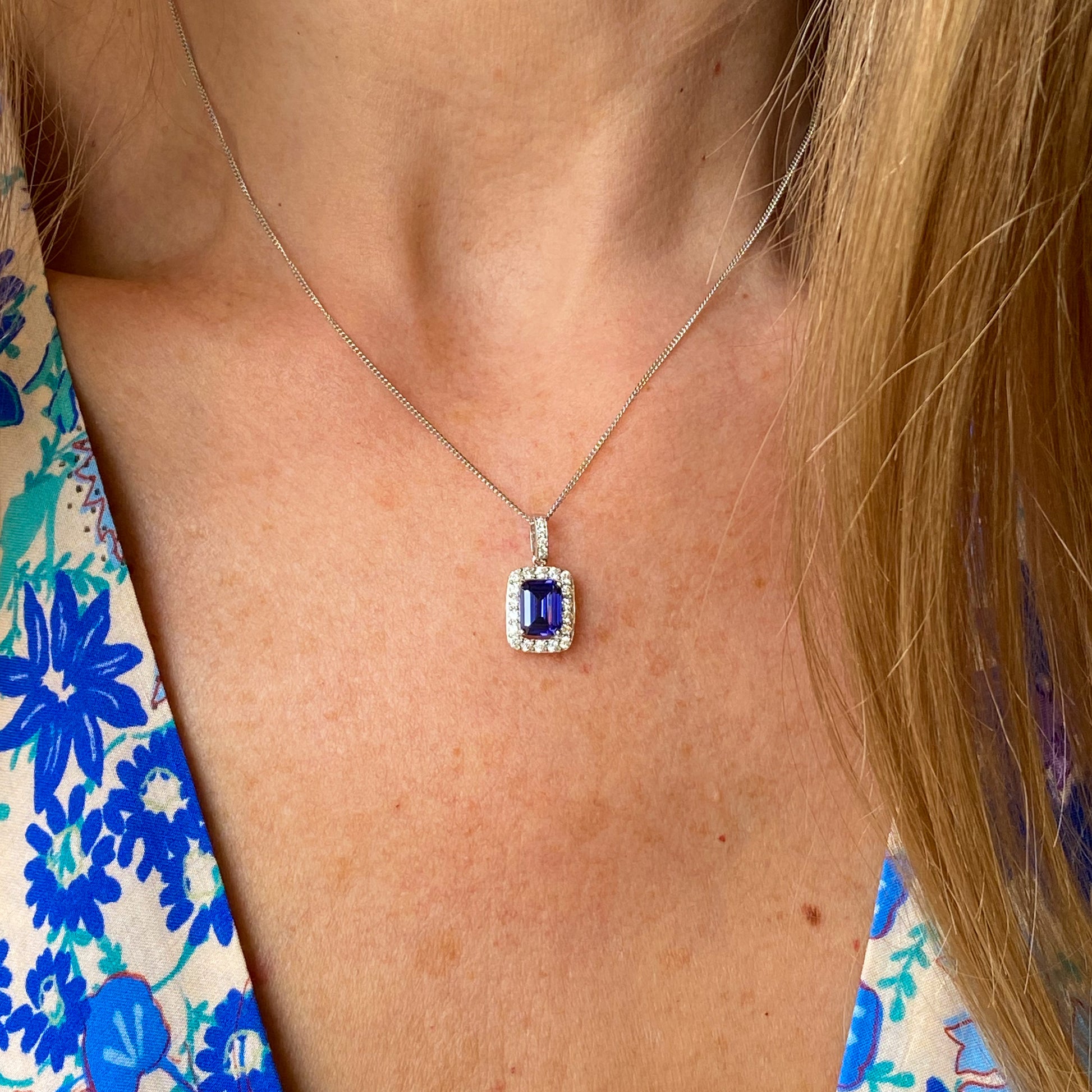 Silver Emerald Cut CZ Halo Necklace | Tanzanite Blue - John Ross Jewellers