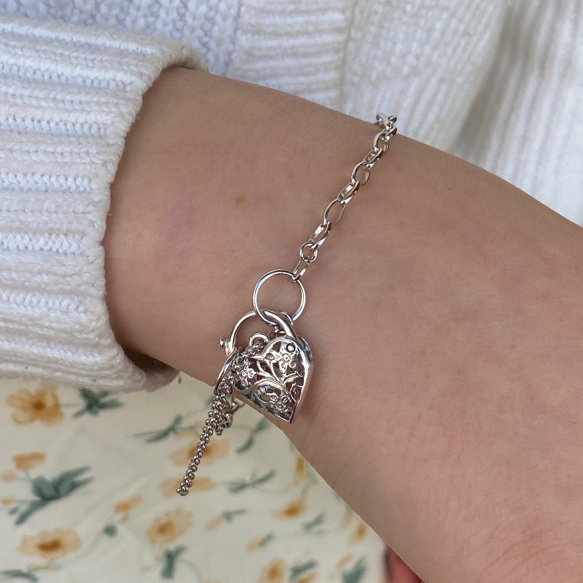 Silver Charm Bracelet - Floral Padlock - John Ross Jewellers