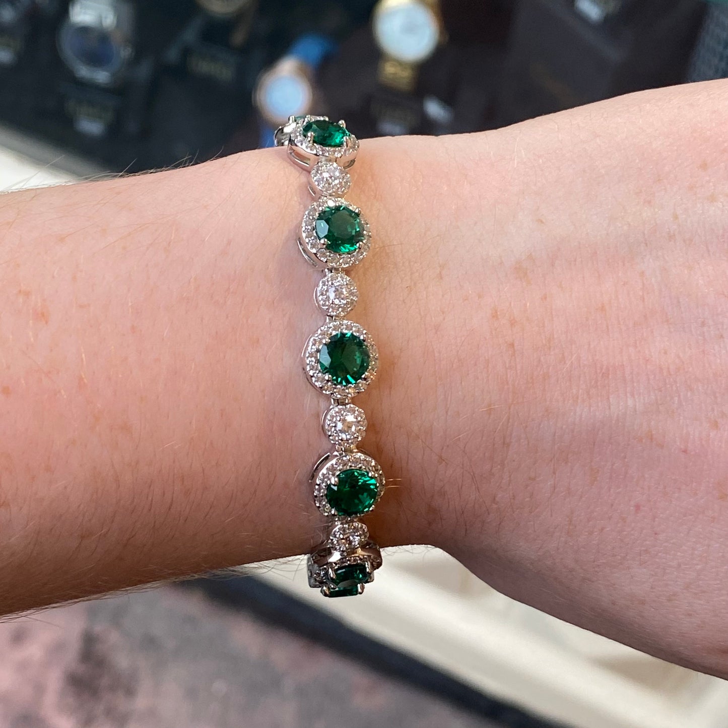 Silver Created Emerald & CZ Halos Bracelet - John Ross Jewellers