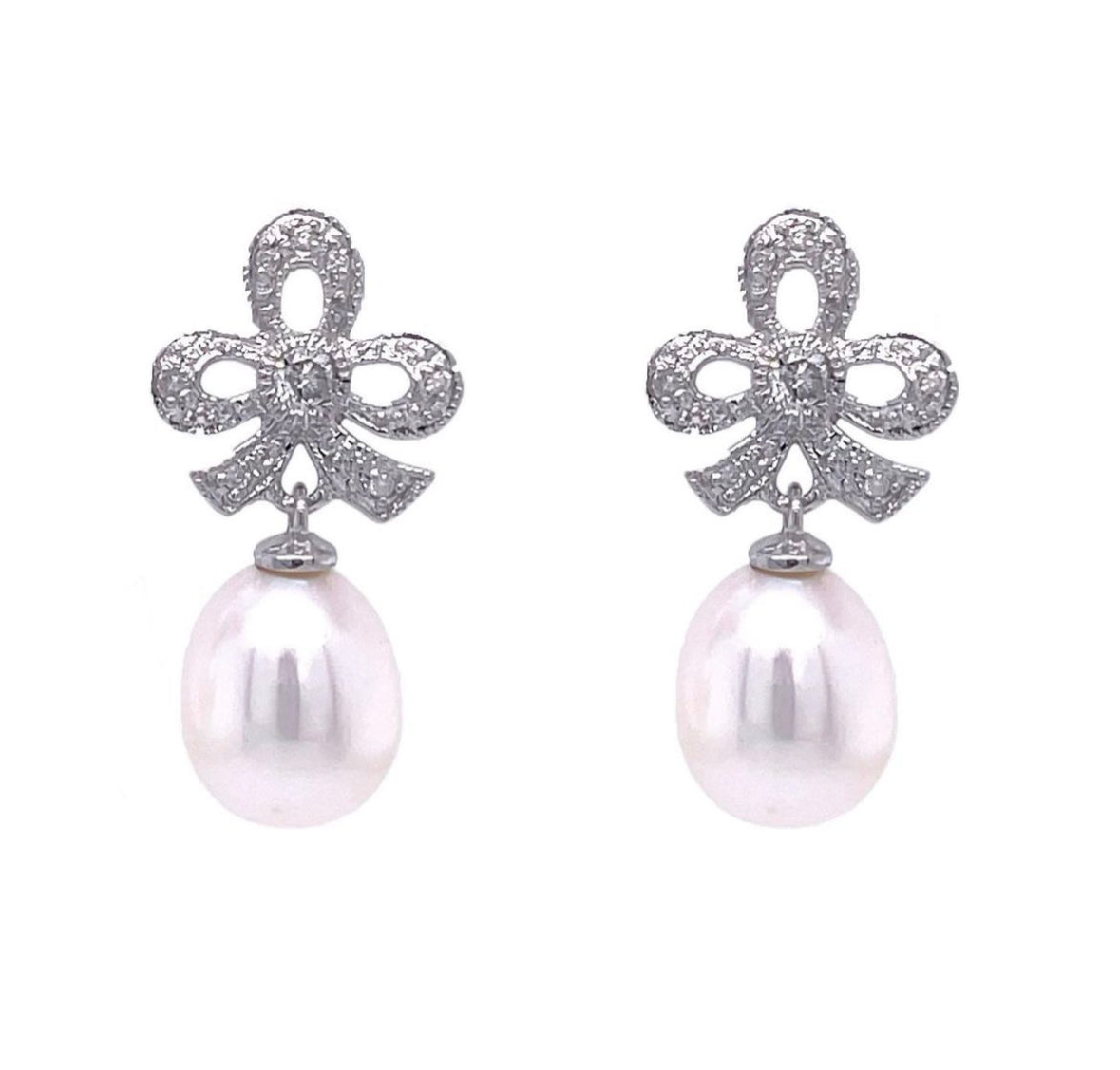 9ct Gold Diamond Bow & Freshwater Pearl Drop Earrings - John Ross Jewellers