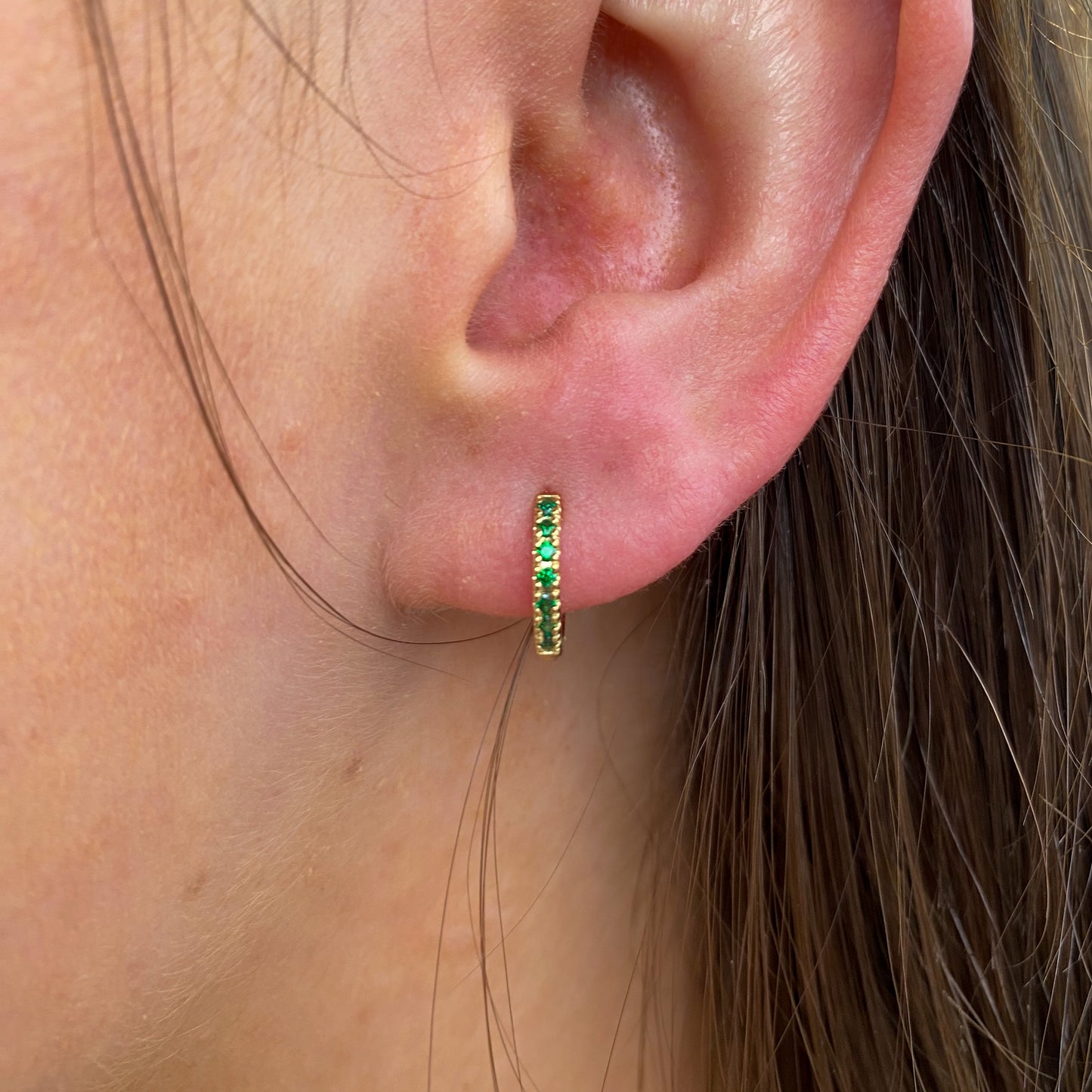 9ct Gold 9mm Huggie Hoop Earrings | Emerald Green CZ - John Ross Jewellers