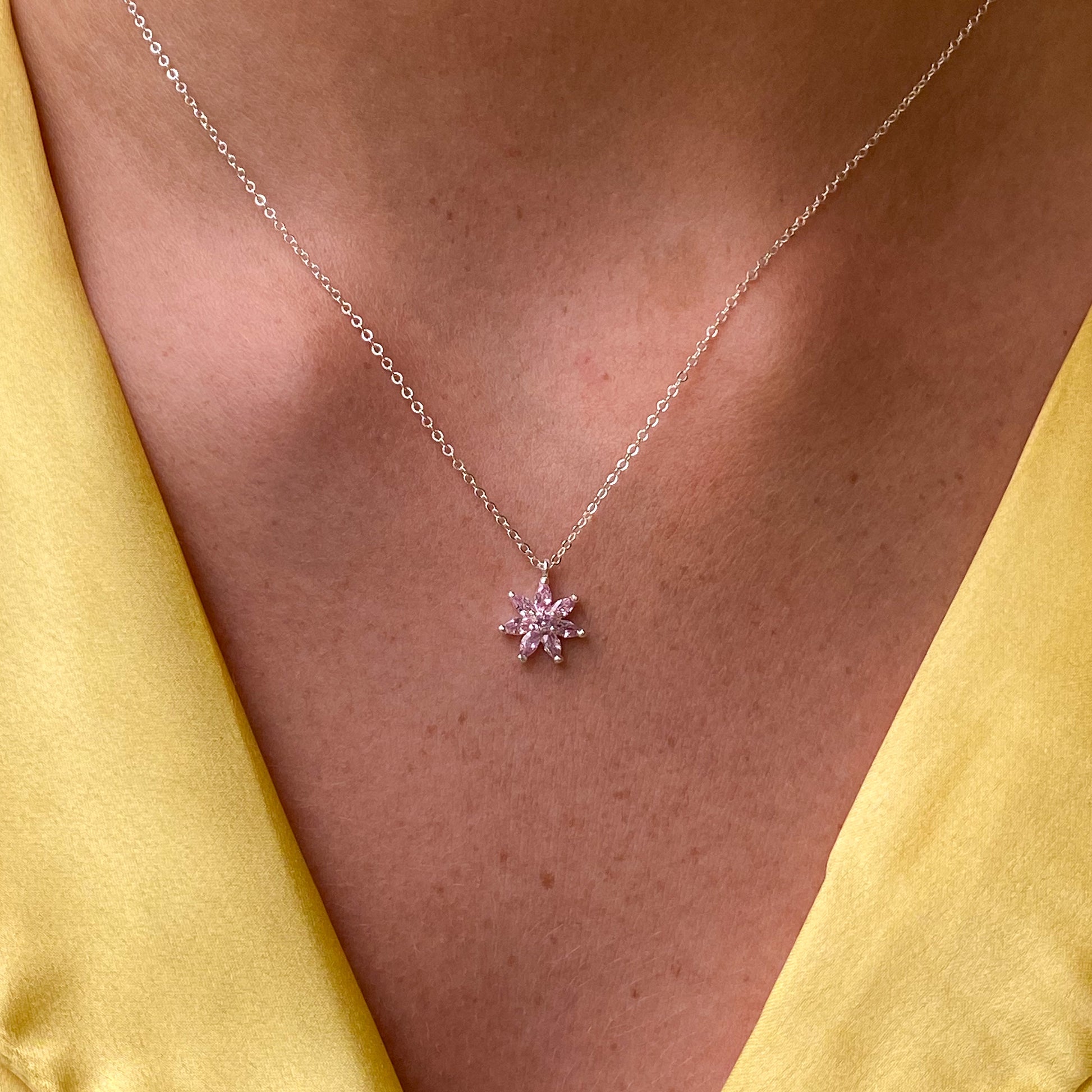 Silver Pink CZ Flower Necklace - John Ross Jewellers