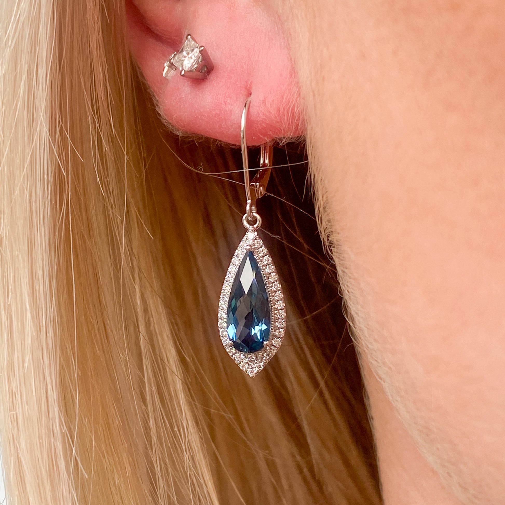 18ct White Gold London Blue Topaz & Diamond Drop Earrings | 0.40ct - John Ross Jewellers