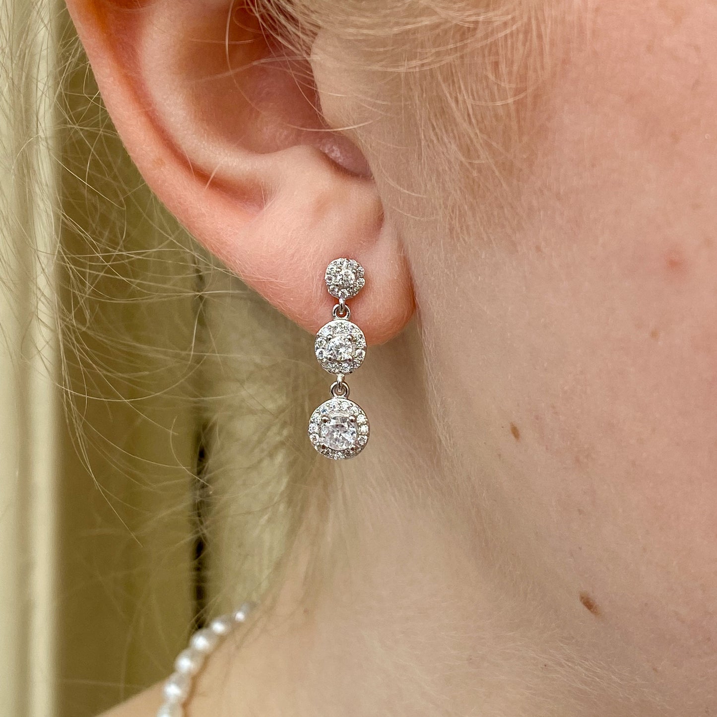 Silver Triple Halo CZ Drop Earrings - John Ross Jewellers