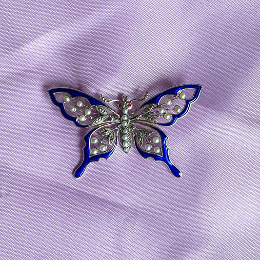 Silver Butterfly Pearl, Marcasite & Enamel Brooch - John Ross Jewellers