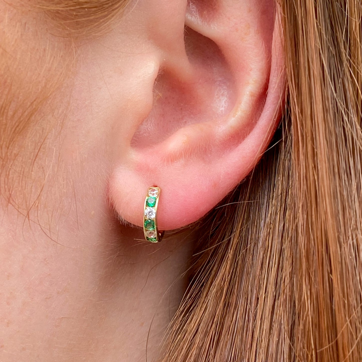 9ct Gold 11mm Huggie Hoop Earrings | Emerald Green & White CZ - John Ross Jewellers