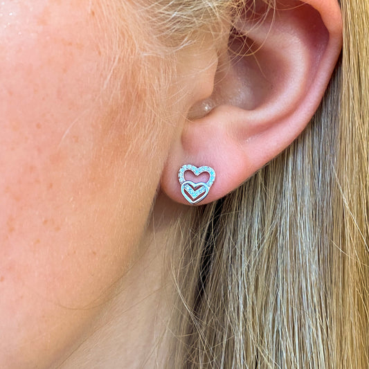 Silver Two Hearts CZ Stud Earrings - John Ross Jewellers