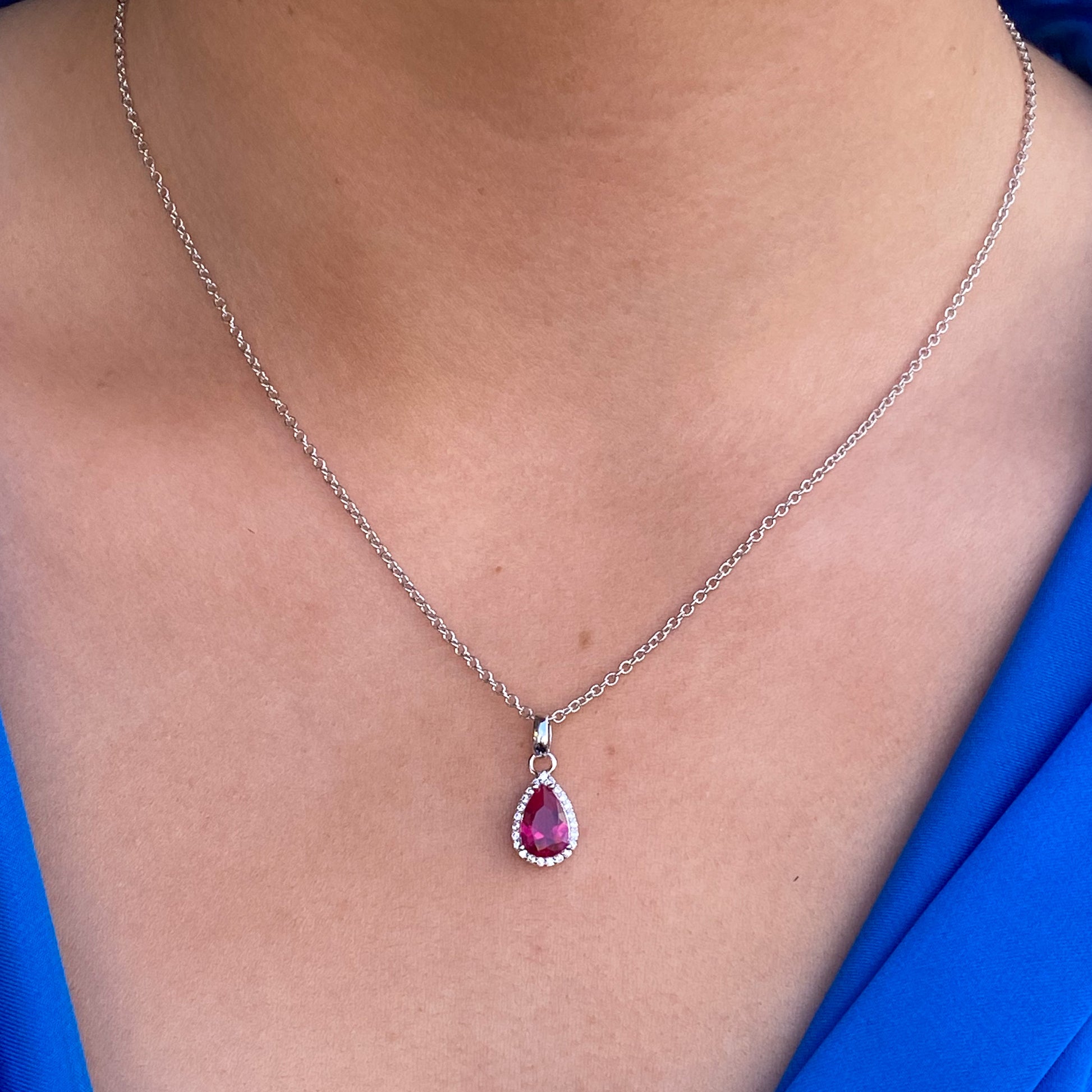 Silver Created Ruby & CZ Pear Pendant Necklace - John Ross Jewellers