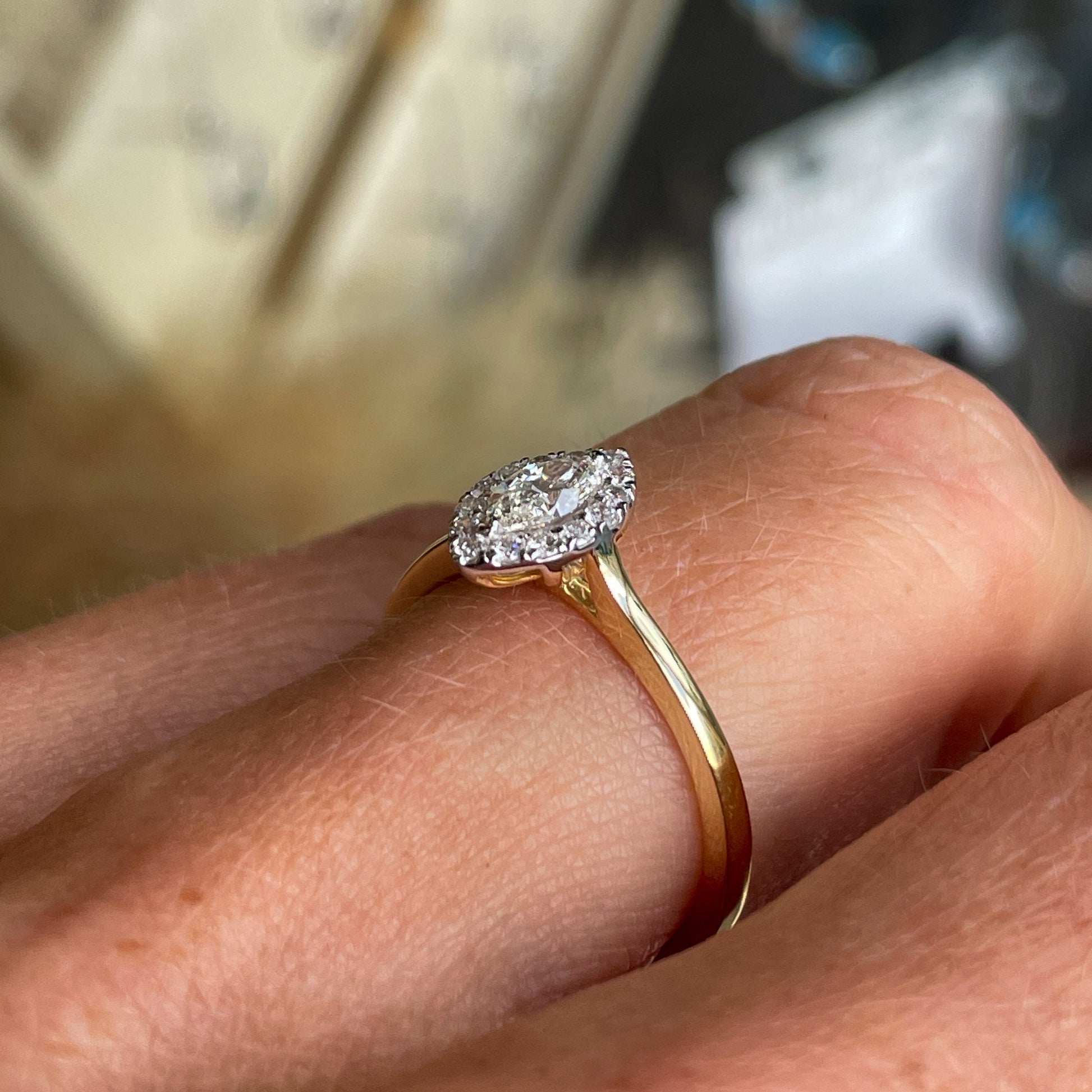 18ct Gold Marquise Diamond Solitaire Halo Engagement Ring | 0.52ct - John Ross Jewellers