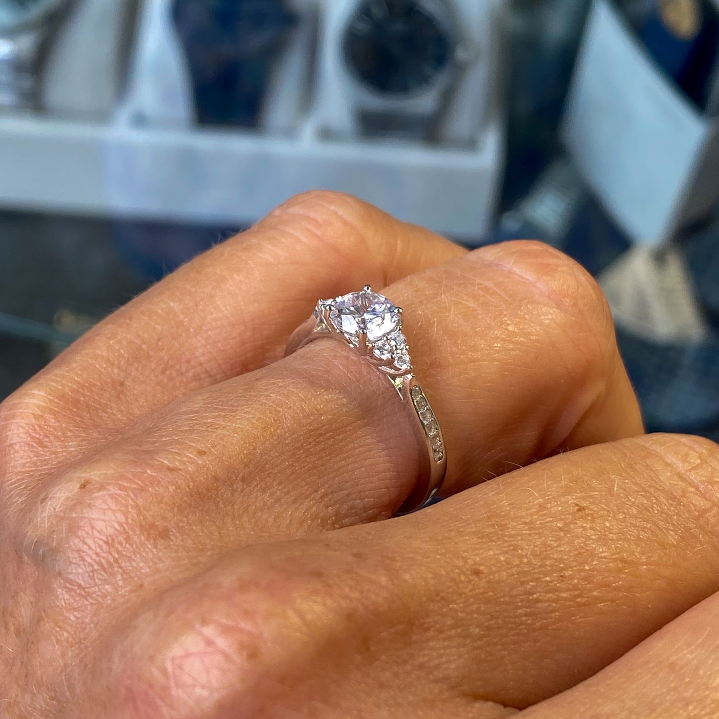 Silver Round CZ Ring with trio shoulders | C Flawless - John Ross Jewellers