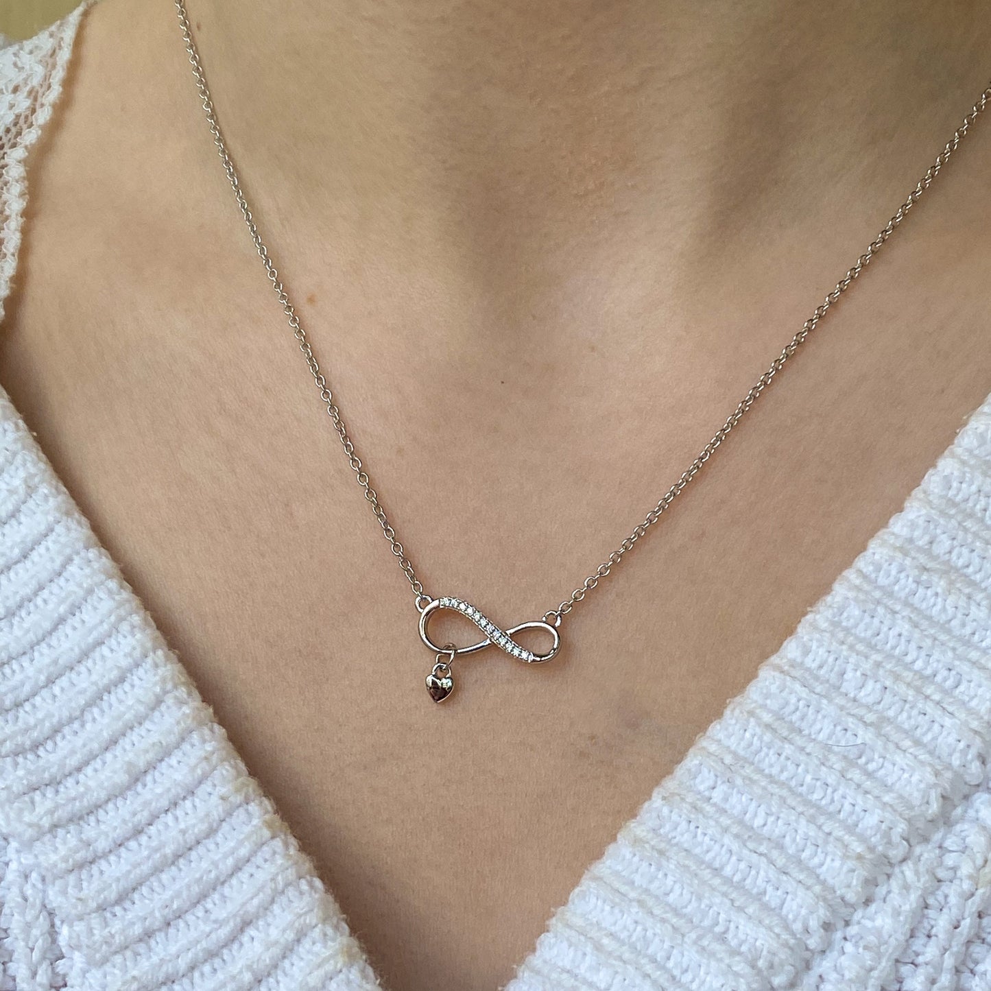 Silver CZ & Heart Charm Infinity Necklace - John Ross Jewellers