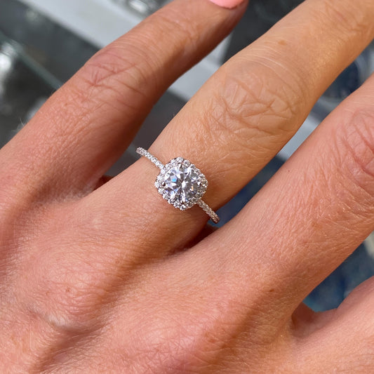 Silver Round CZ Cushion Halo Ring | C Flawless - John Ross Jewellers