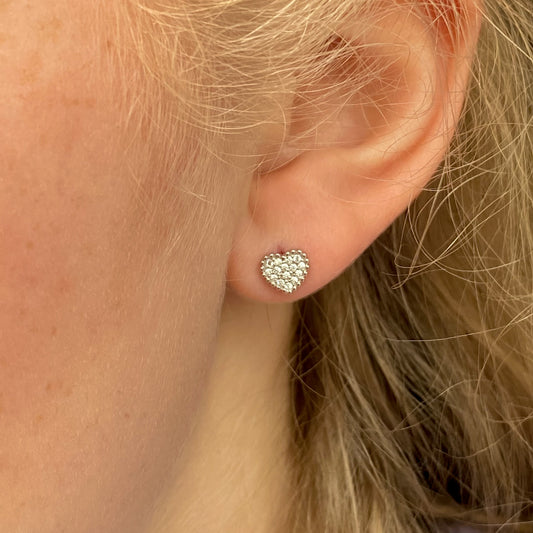 Silver Millgrain Heart CZ Stud Earrings - John Ross Jewellers