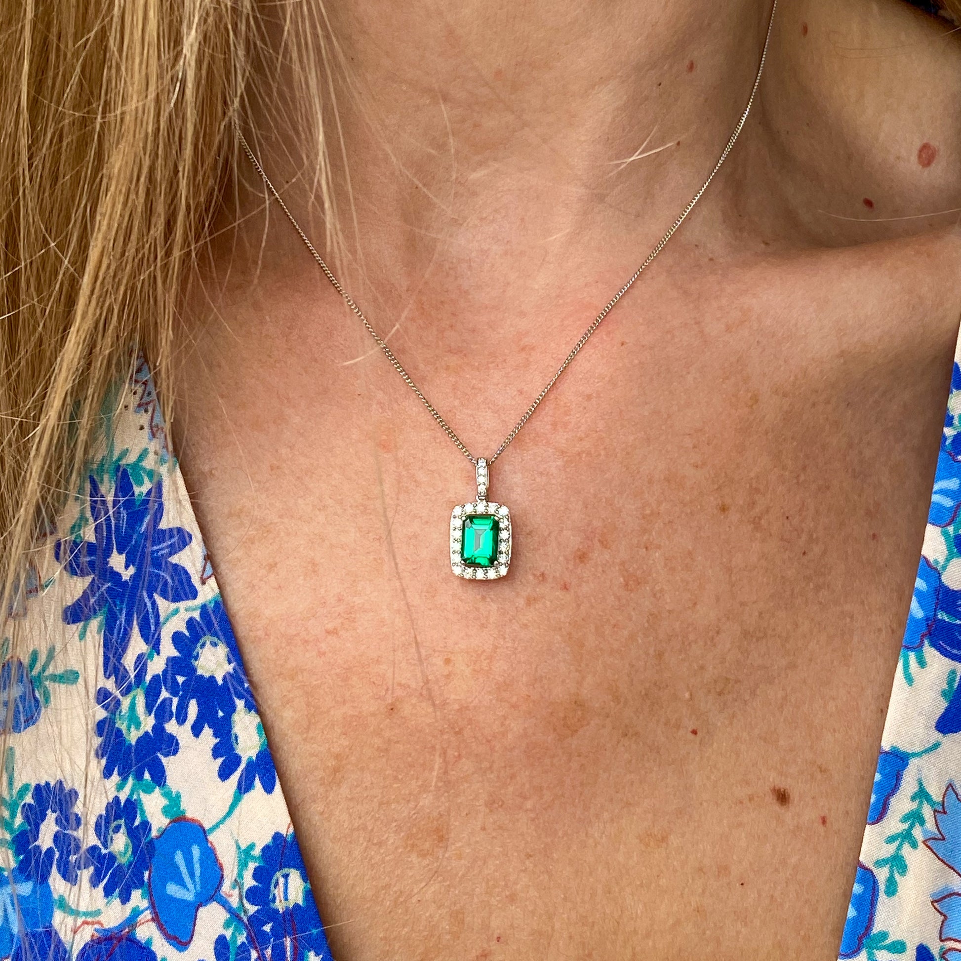 Silver Emerald Cut CZ Halo Necklace | Emerald Green - John Ross Jewellers