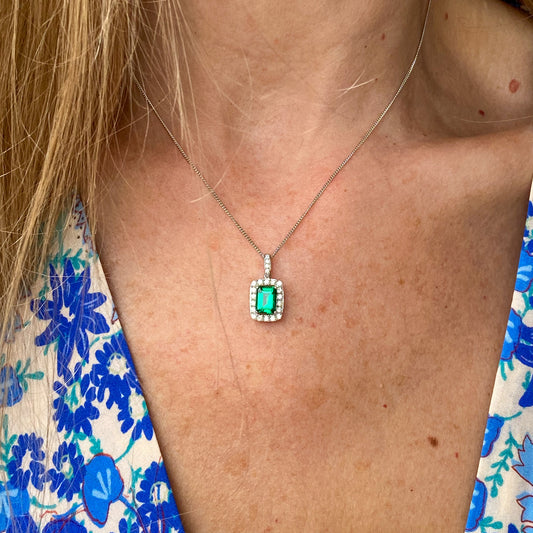 Silver Emerald Cut CZ Halo Necklace | Emerald Green - John Ross Jewellers