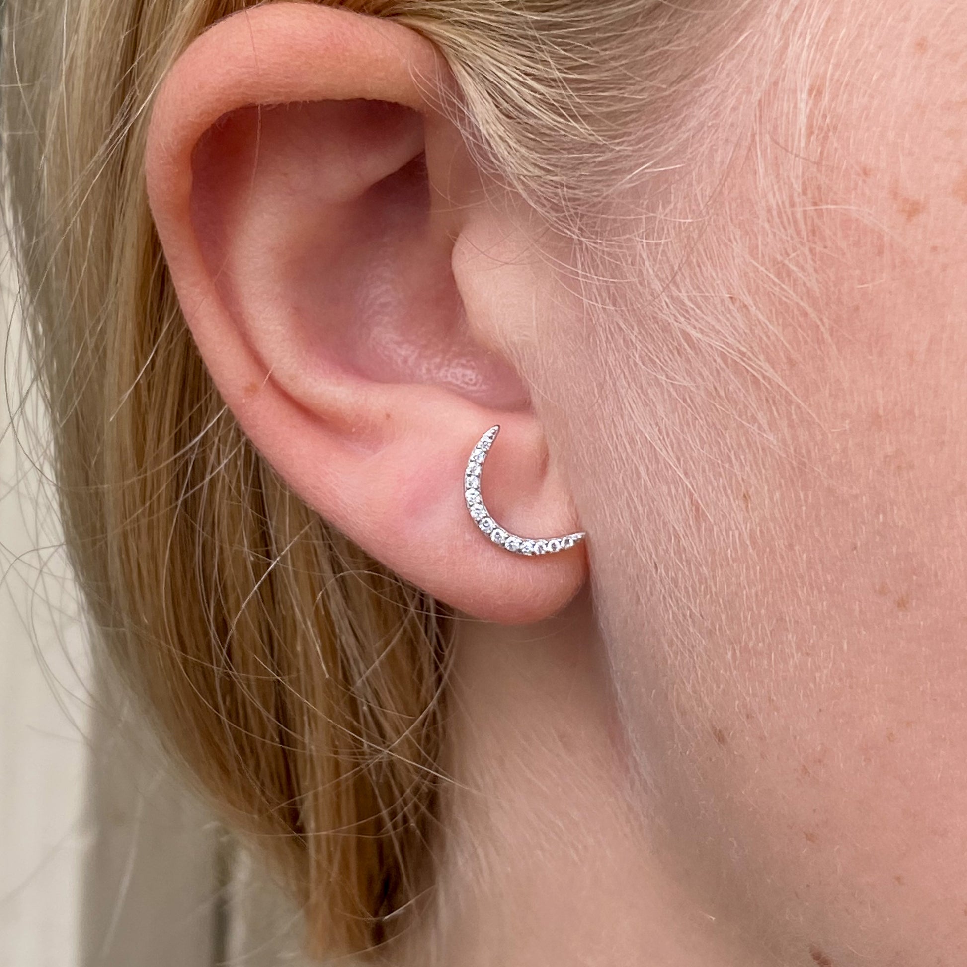 Silver CZ Skinny Moon Stud Earrings - John Ross Jewellers