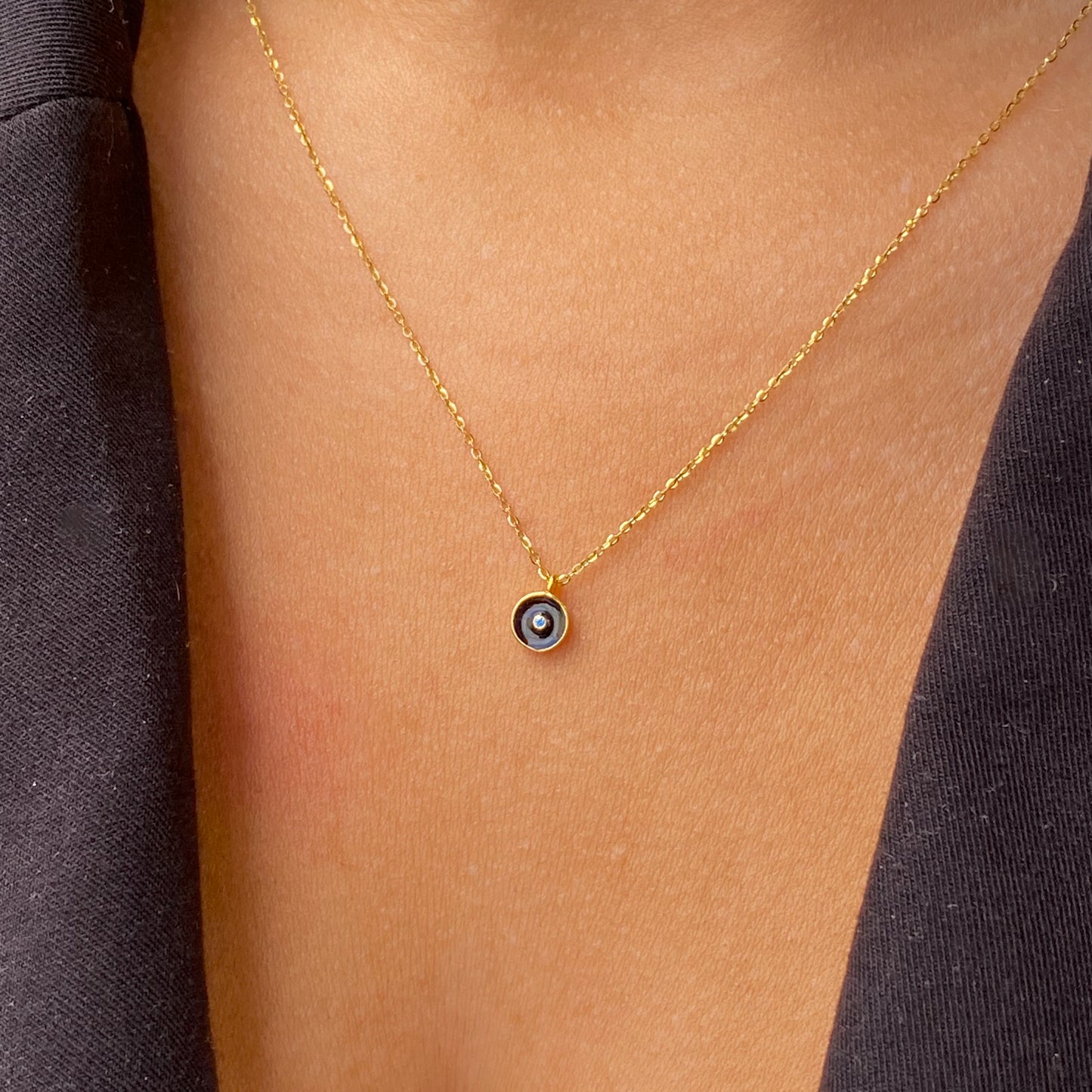 9ct Gold Darling CZ & Black Enamel Disc Necklace - John Ross Jewellers