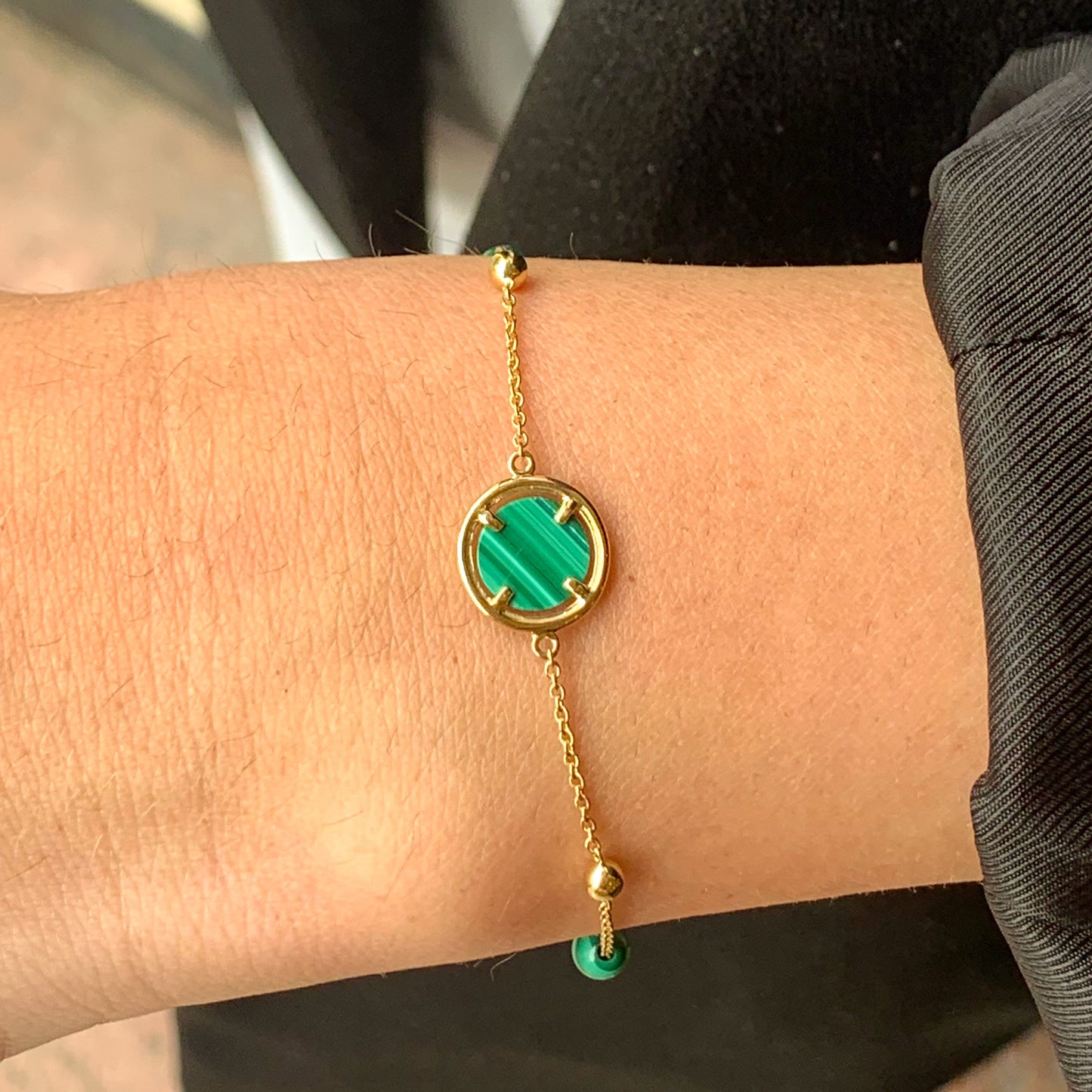 14ct Gold Malachite & Bead Station Bracelet - John Ross Jewellers