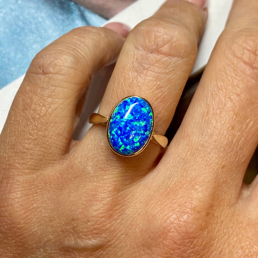 9ct Gold Oval Blue Opalique Ring - John Ross Jewellers