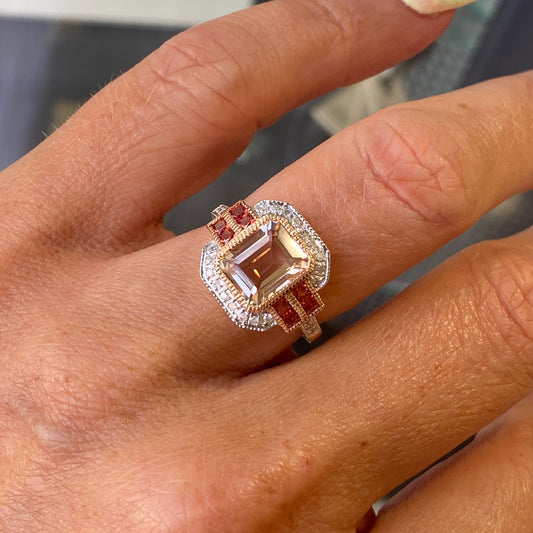 9ct Rose Gold Morganite, Orange Sapphire & Diamond Ring - John Ross Jewellers