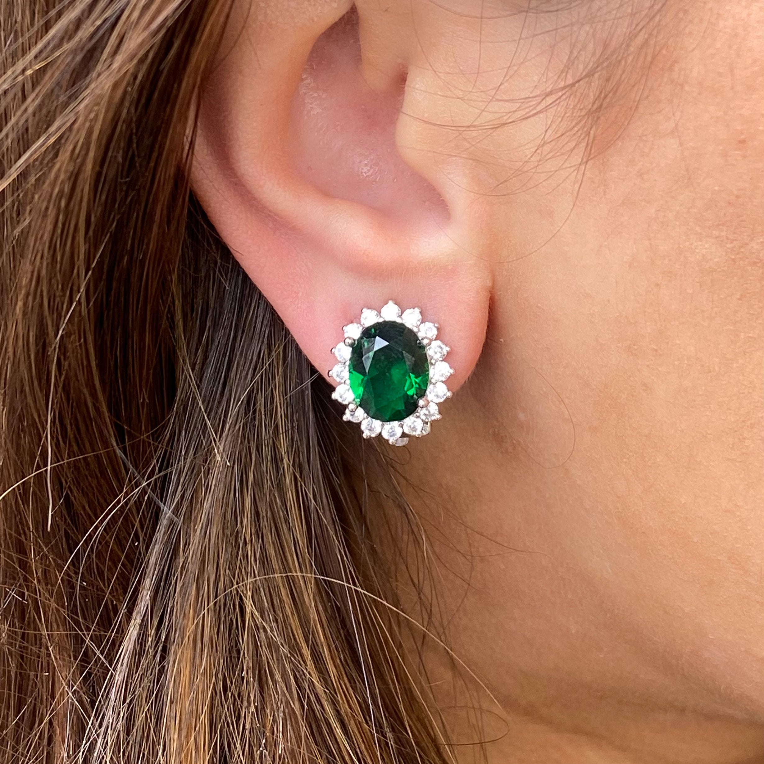 Silver Oval CZ Clip on Earrings Emerald Green John Ross Jewellers