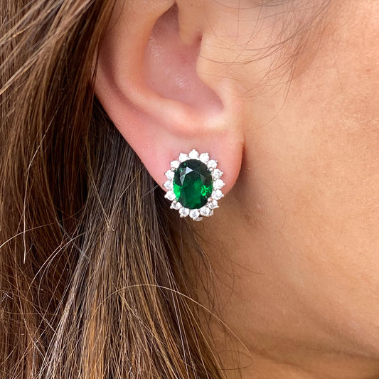 Silver Oval CZ Clip on Earrings | Emerald Green - John Ross Jewellers