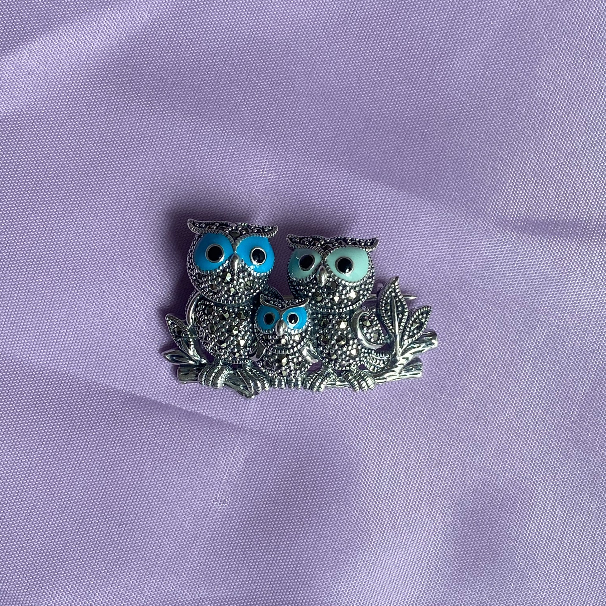 Silver Owl Babies Marcasite & Enamel Brooch - John Ross Jewellers