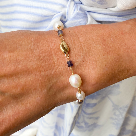 18ct Gold Joia Freshwater Pearl & Blue Stone Bracelet - John Ross Jewellers