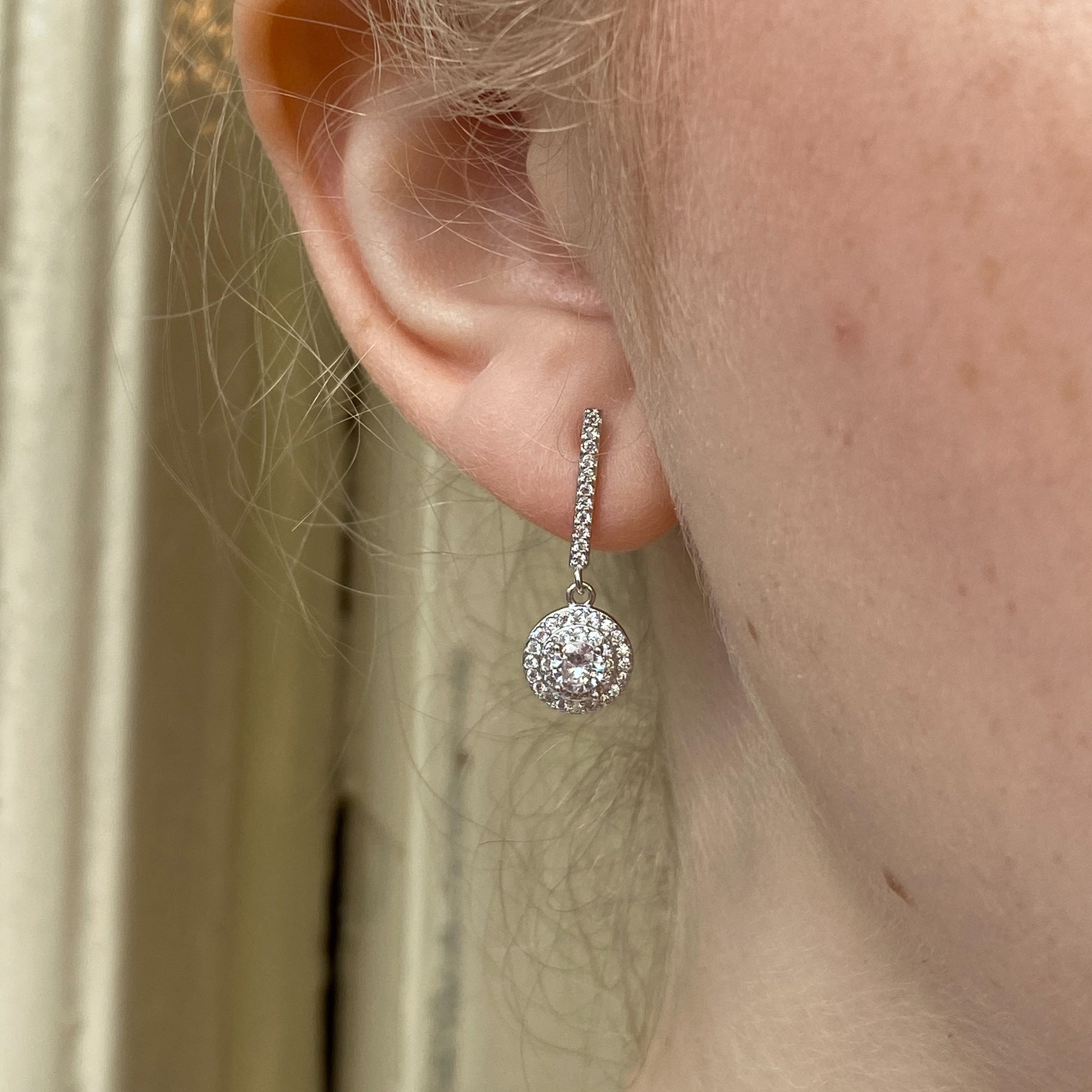 Silver Double Halo Bar CZ Drop Earrings - John Ross Jewellers