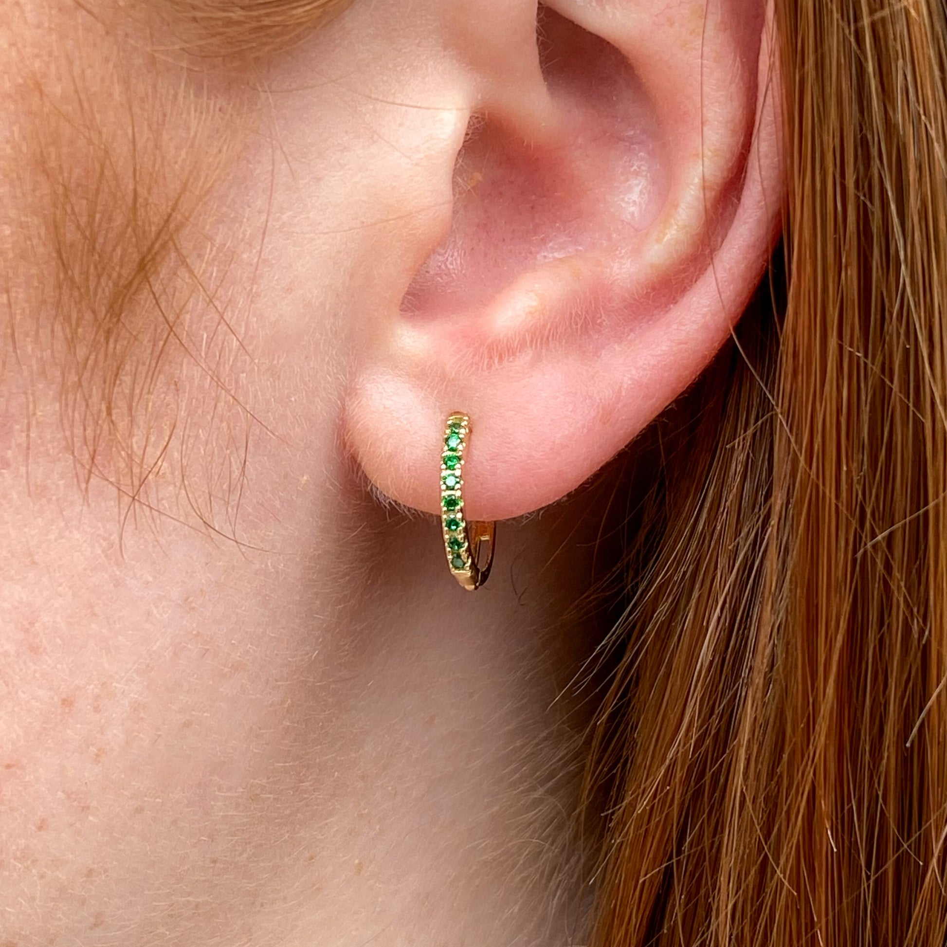 9ct Gold 11mm Huggie Hoop Earrings | Emerald Green CZ - John Ross Jewellers