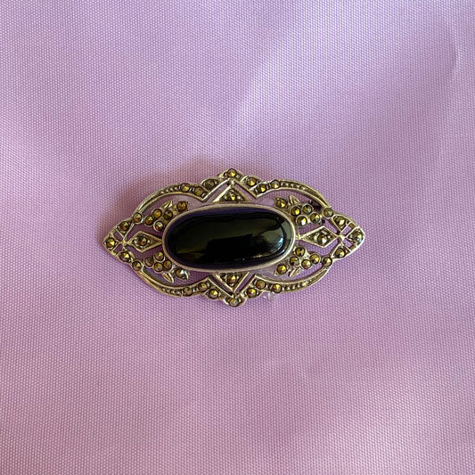 Silver Marcasite & Onyx Vintage Style Brooch - John Ross Jewellers