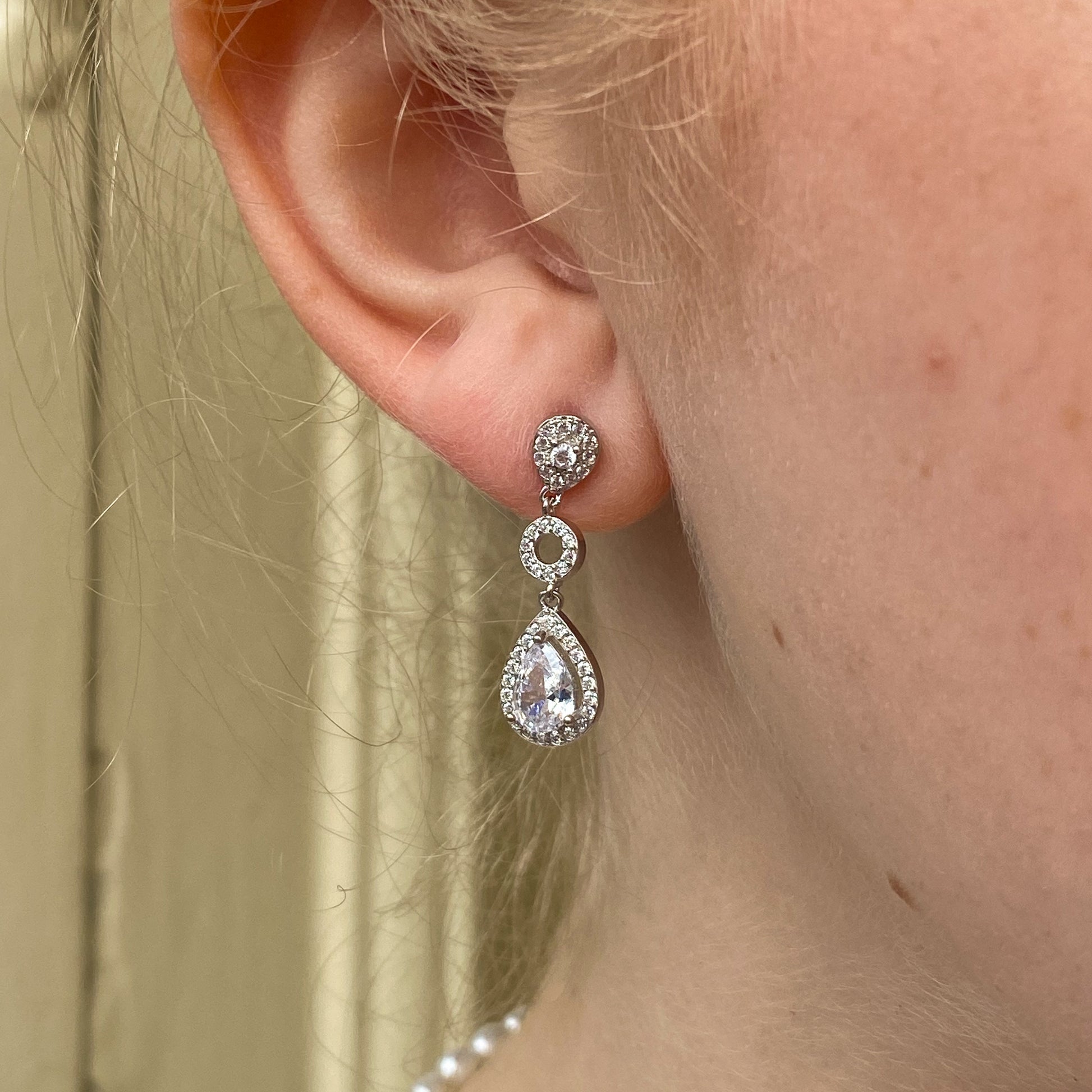 Silver Pear Halo CZ Drop Earrings John Ross Jewellers