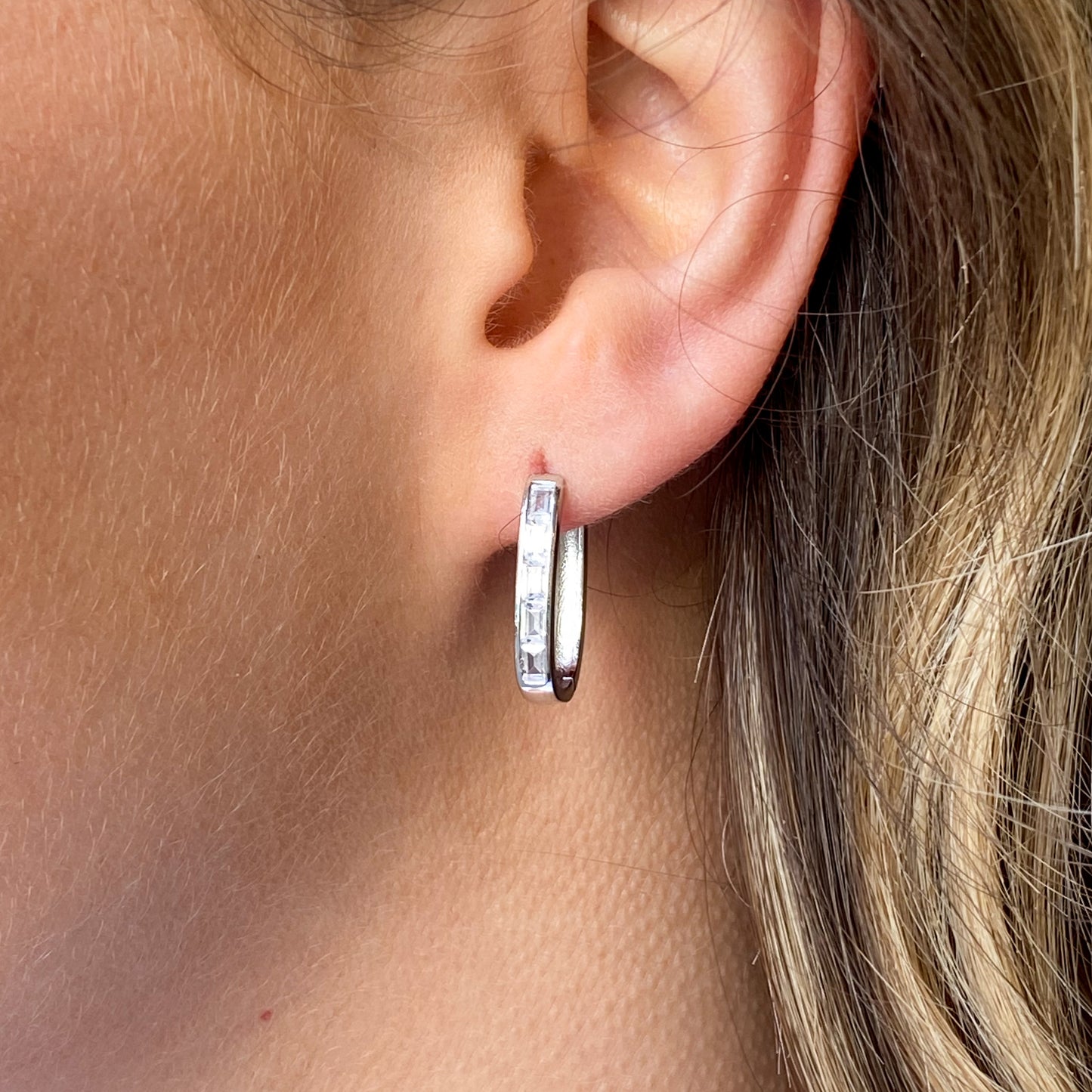 Silver Baguette CZ Huggie Hoop Earrings - John Ross Jewellers