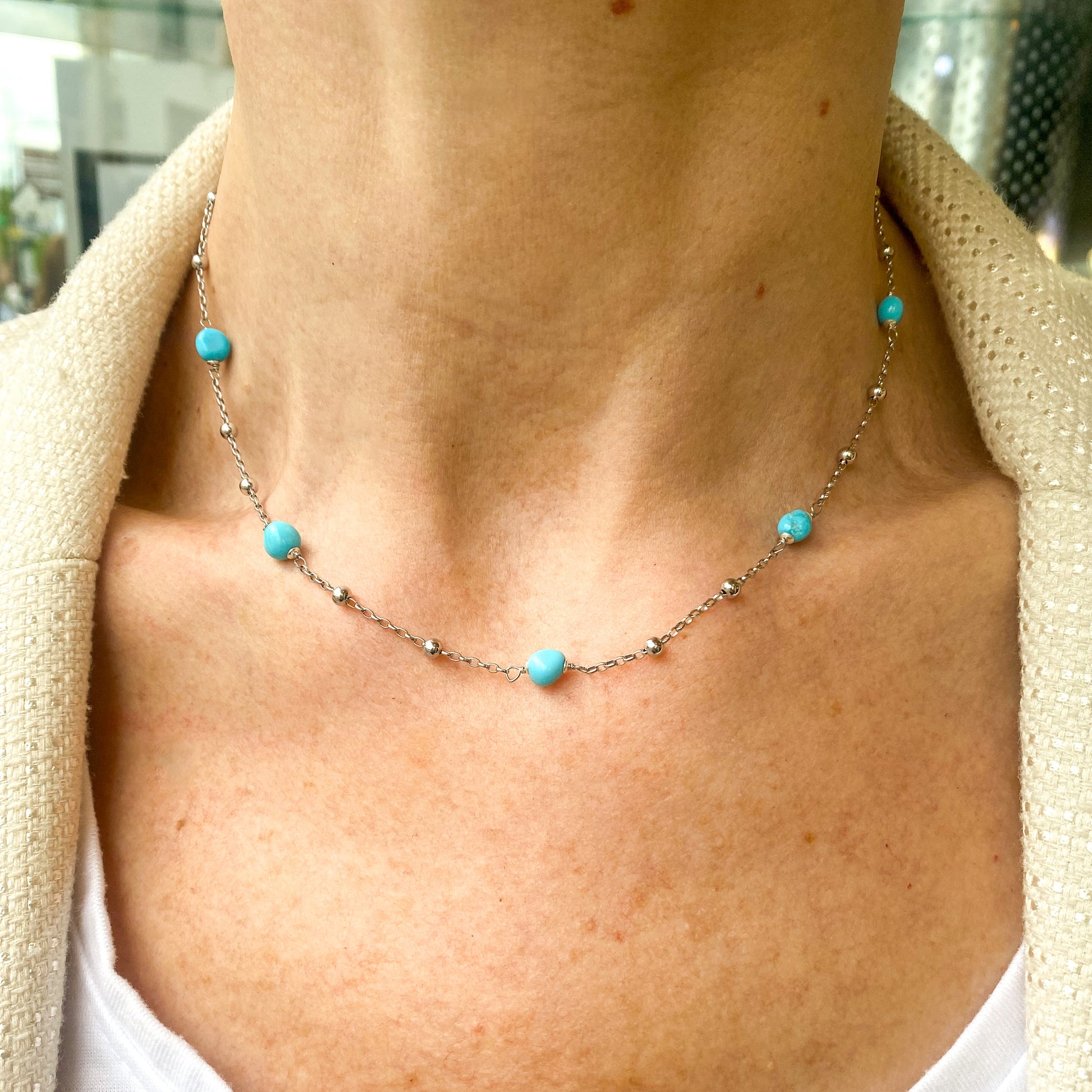 Silver Turquoise Station Necklace | 41-46cm - John Ross Jewellers