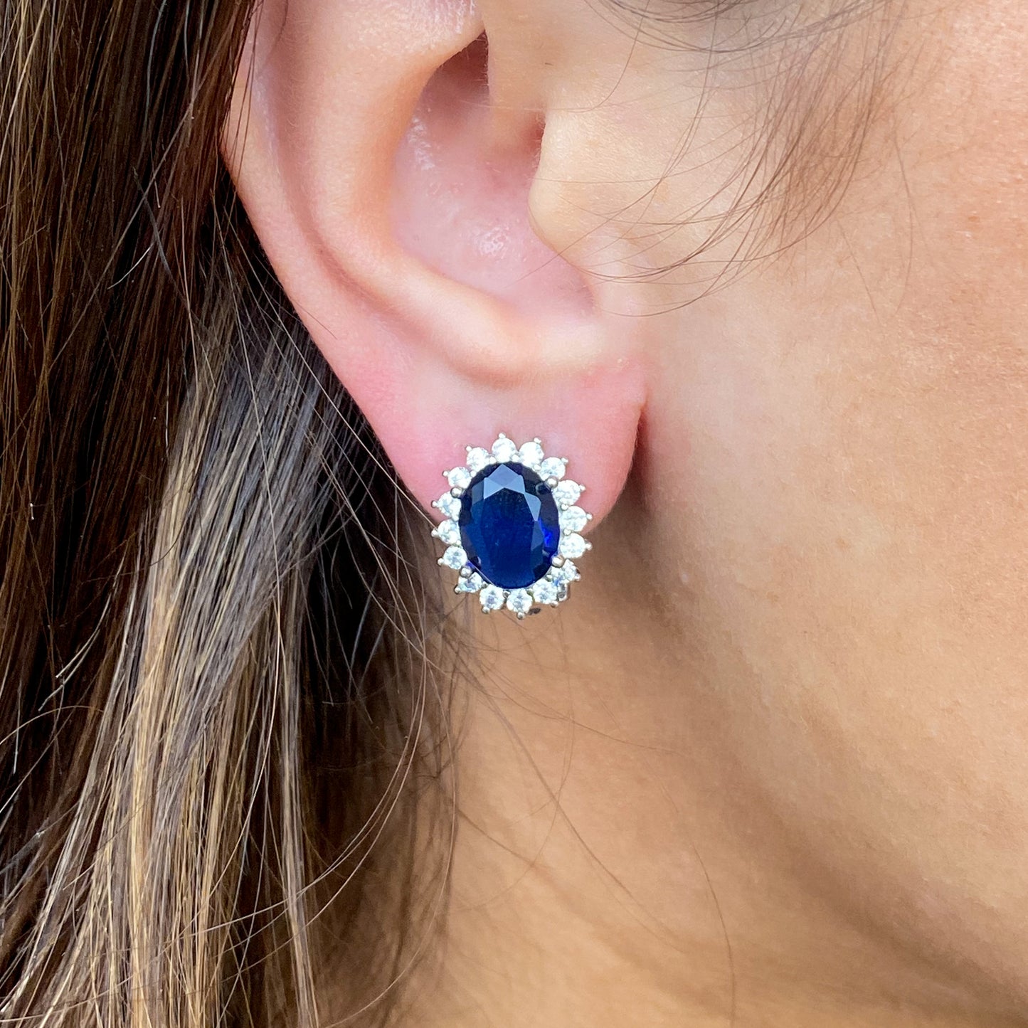 Silver Oval CZ Clip on Earrings | Sapphire Blue - John Ross Jewellers