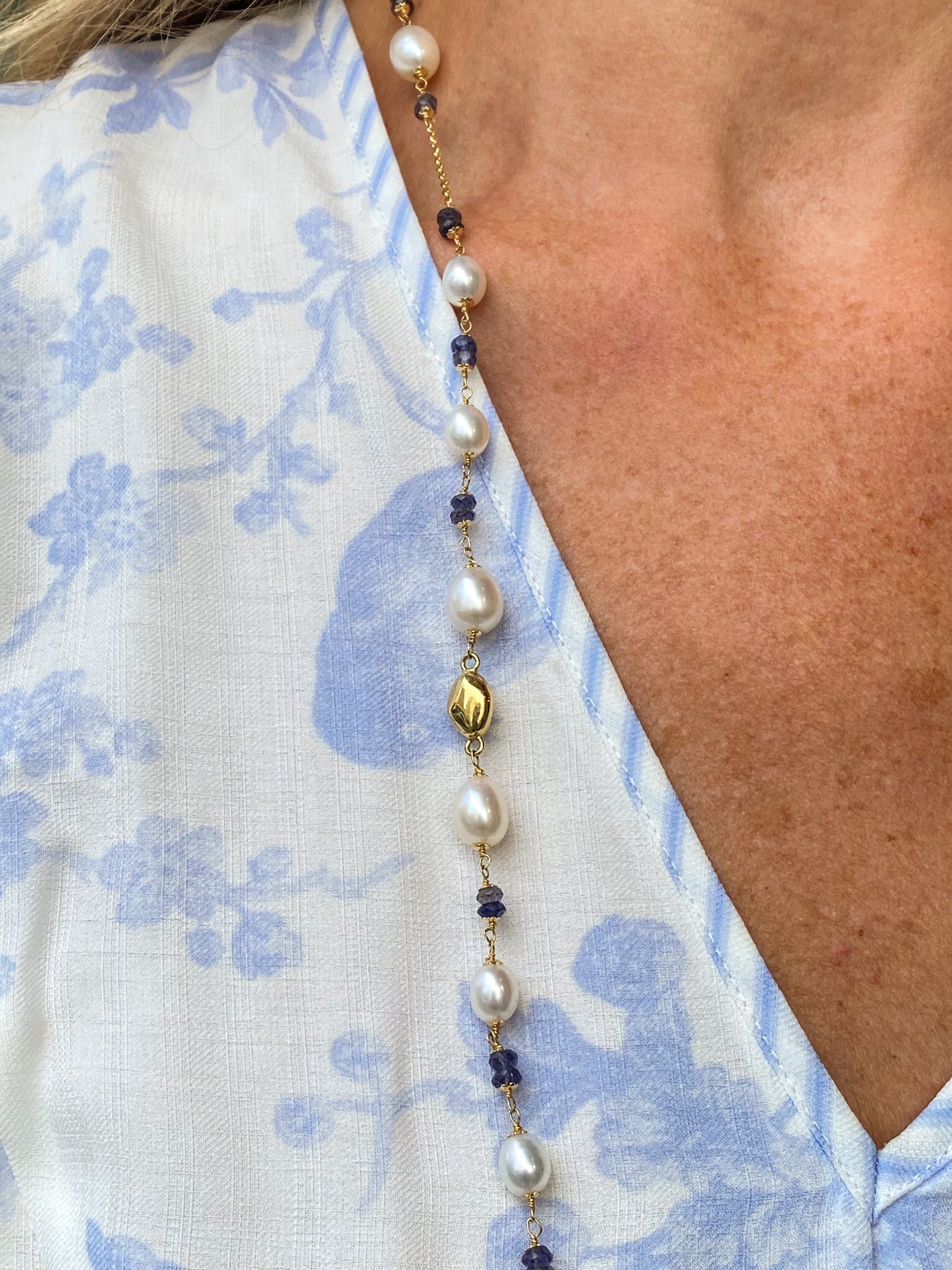 18ct Gold Pearl & Blue Gemstone Long Necklace - John Ross Jewellers
