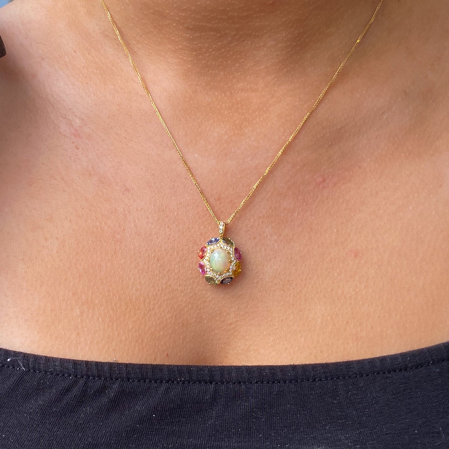 18ct Gold Gem Opal, Diamond & Rainbow Sapphire Pendant - John Ross Jewellers