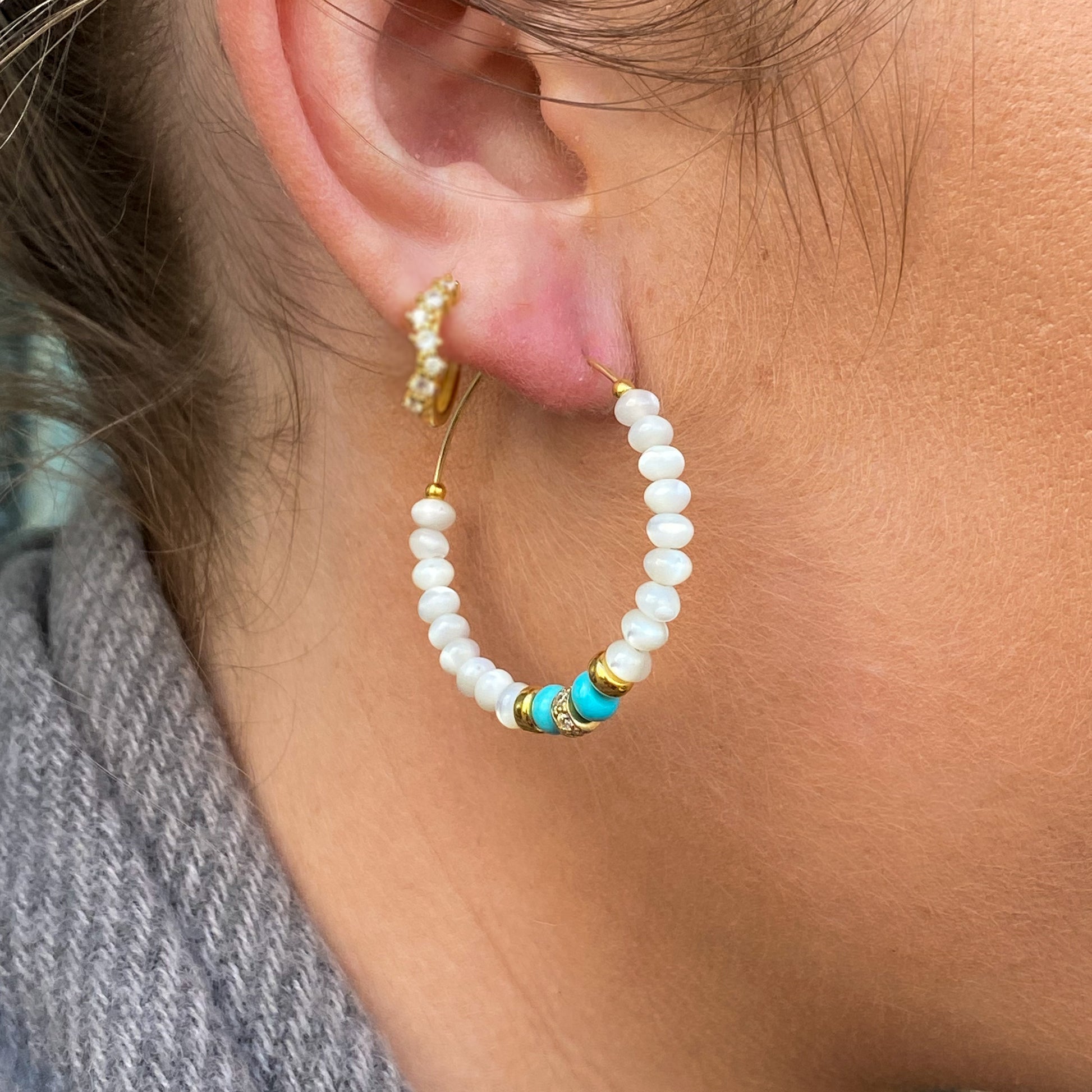 Sunshine Mother of Pearl, Turquoise & CZ Hoop Earrings | 36mm - John Ross Jewellers