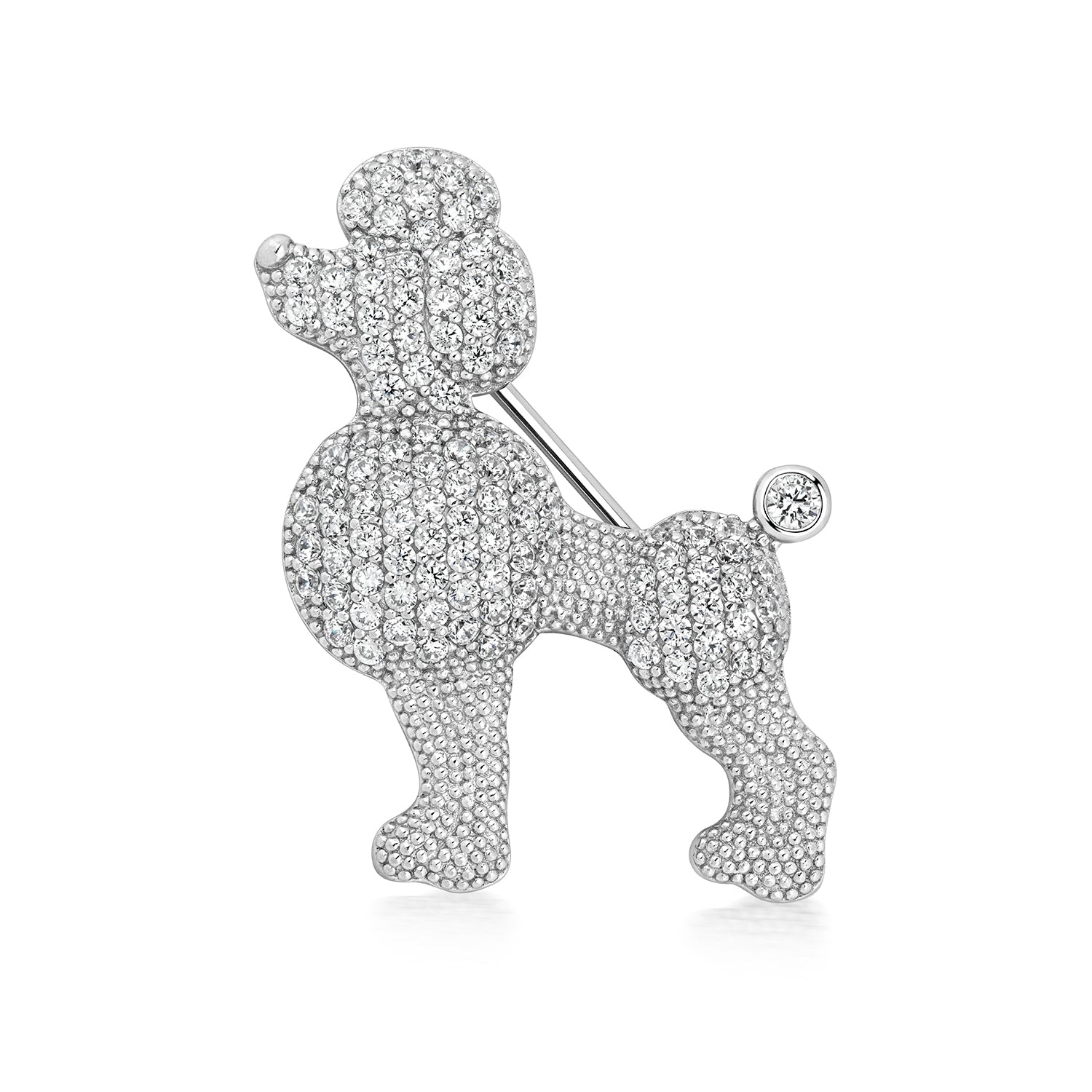 Silver CZ Poodle brooch by THC featuring sparkling cubic zirconia stones and detailed poodle design.