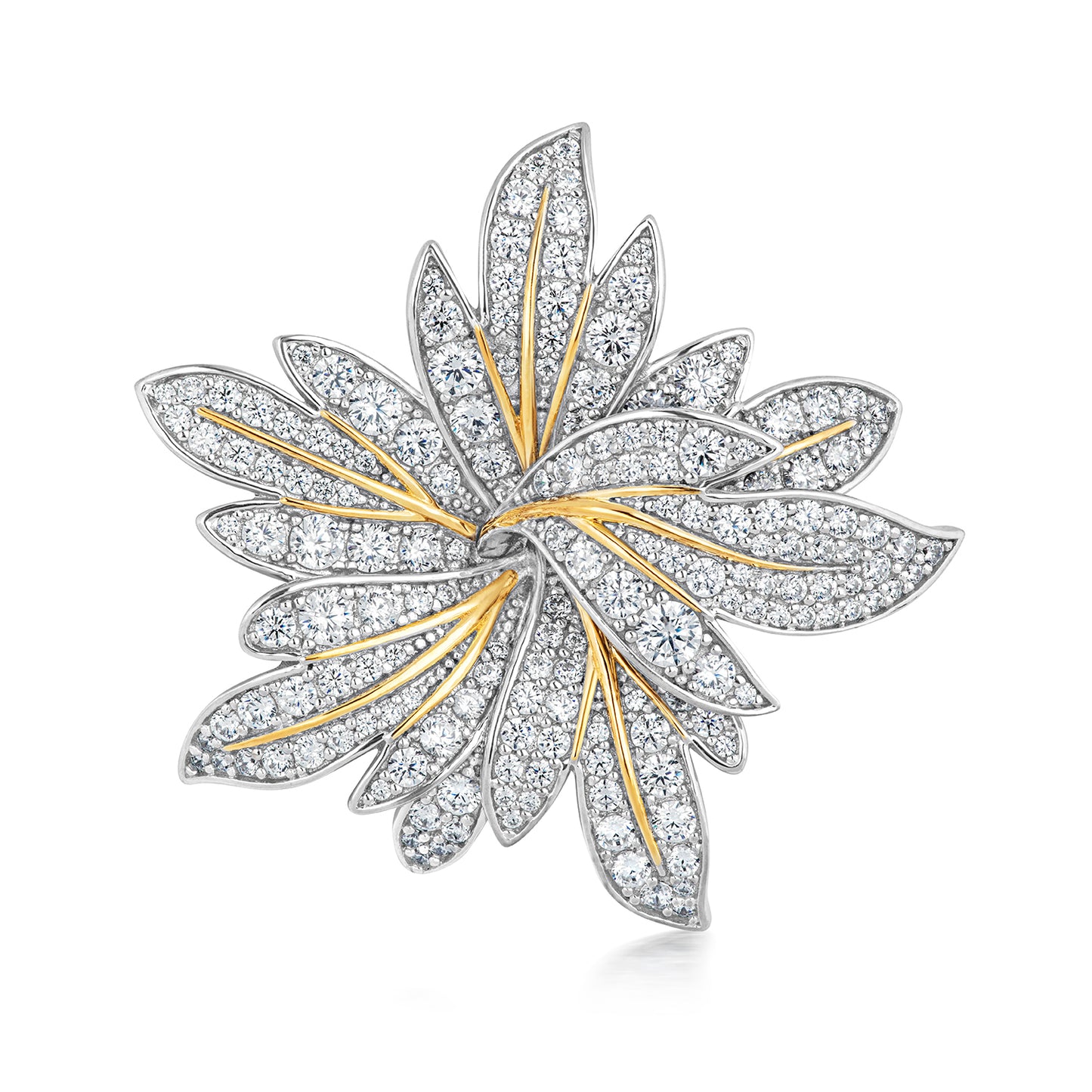 Silver CZ flower brooch with two-tone design by THC, featuring sparkling cubic zirconia accents and intricate floral details.