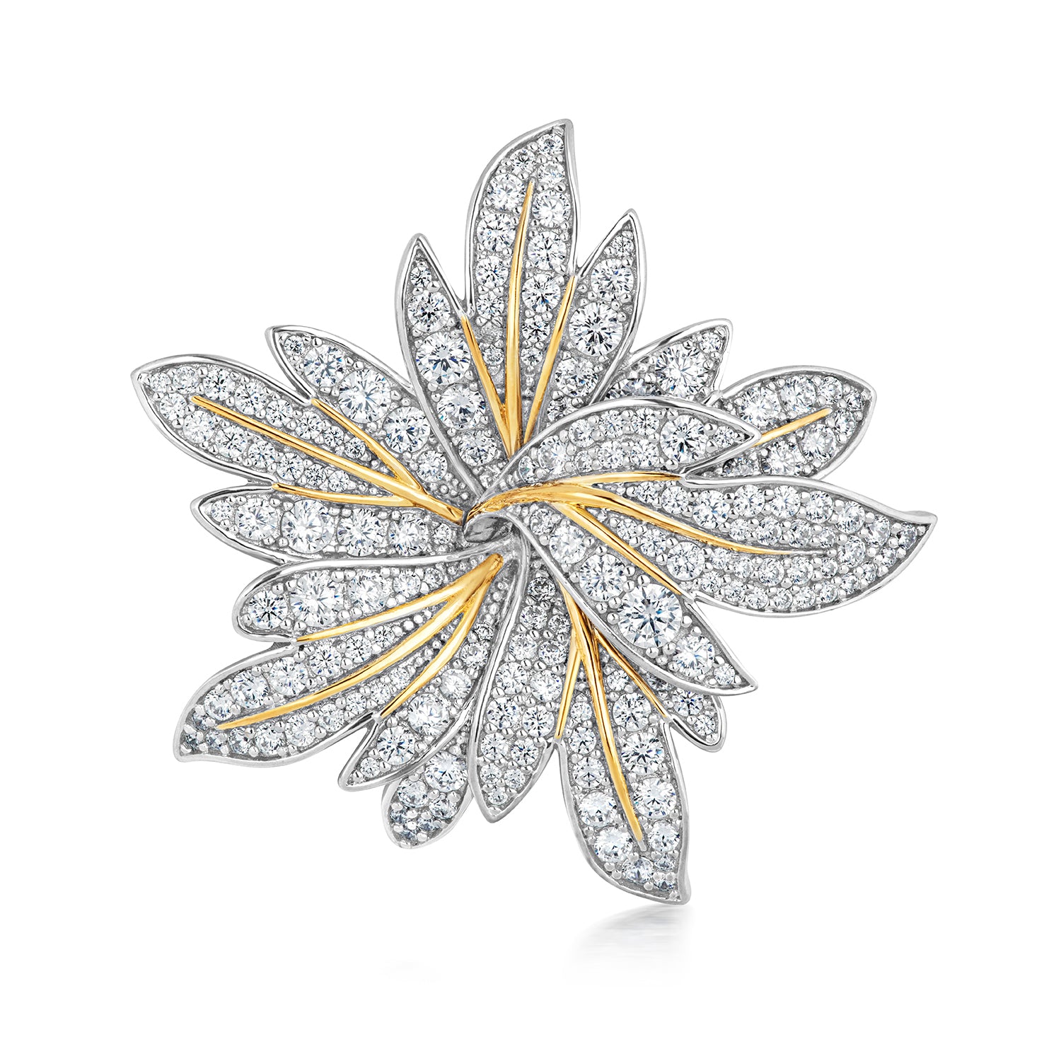 Silver CZ flower brooch with two-tone design by THC, featuring sparkling cubic zirconia accents and intricate floral details.