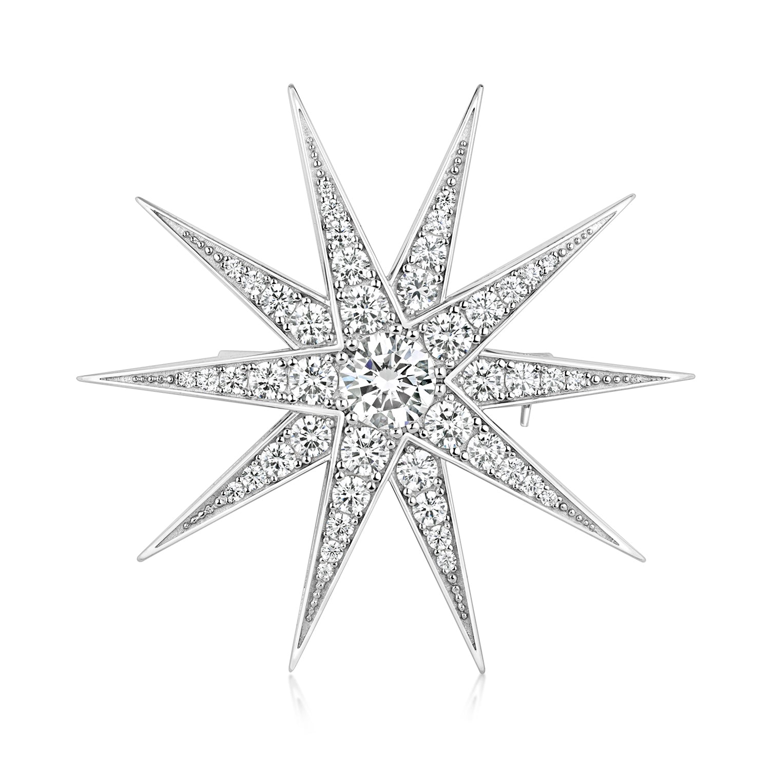 Silver CZ star brooch by THC featuring sparkling cubic zirconia stones and a sleek silver finish.